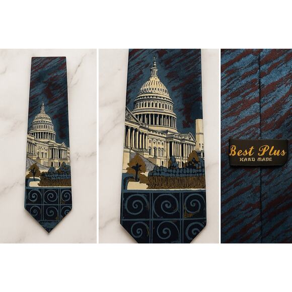 Best Plus Hand Made Washington DC Capitol Building Necktie Patriotic Landmark - Picture 2 of 6